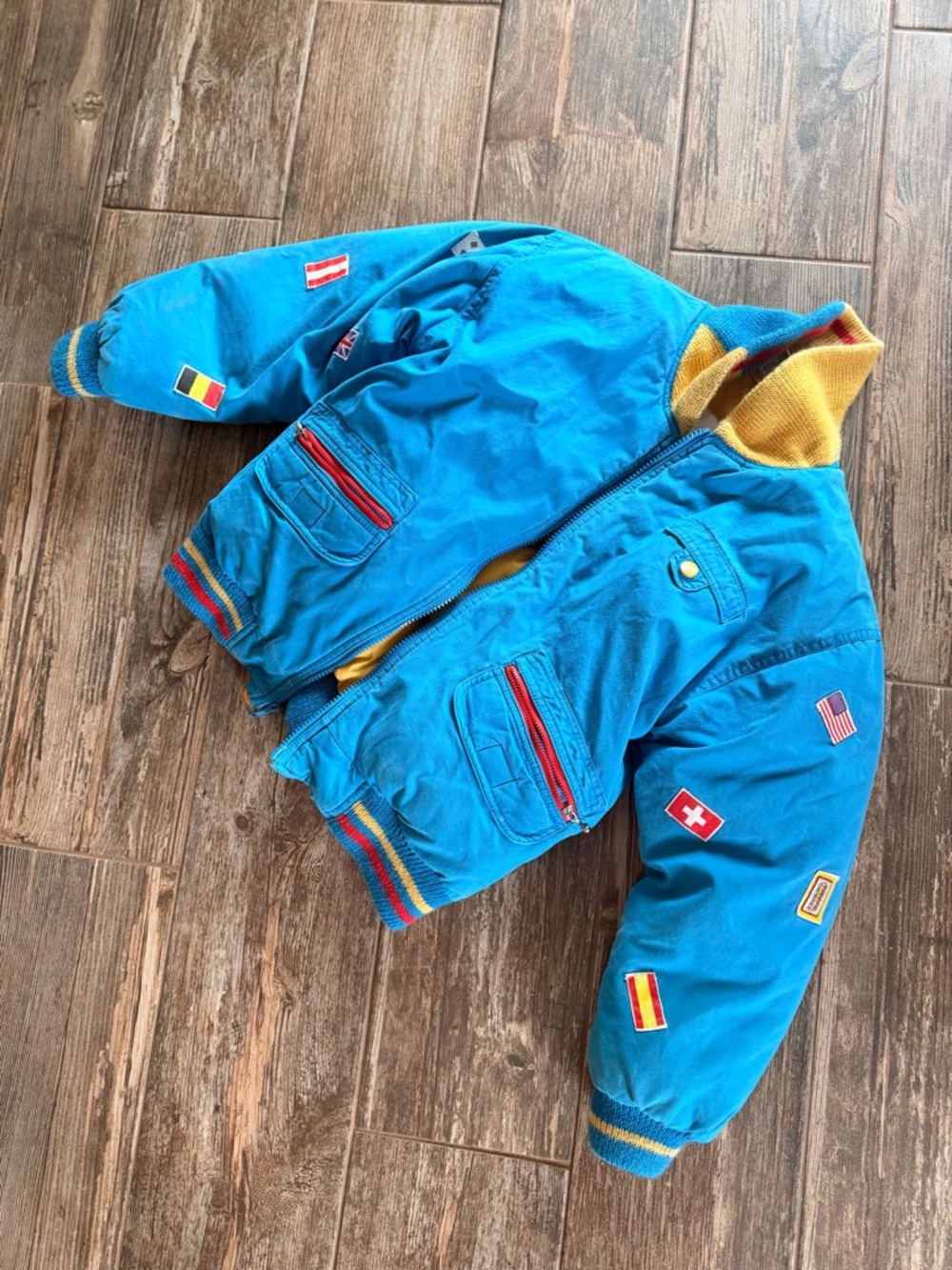 Vintage Giacca Olympics Bright Blue Kids Bomber Jacket with Flag Patches